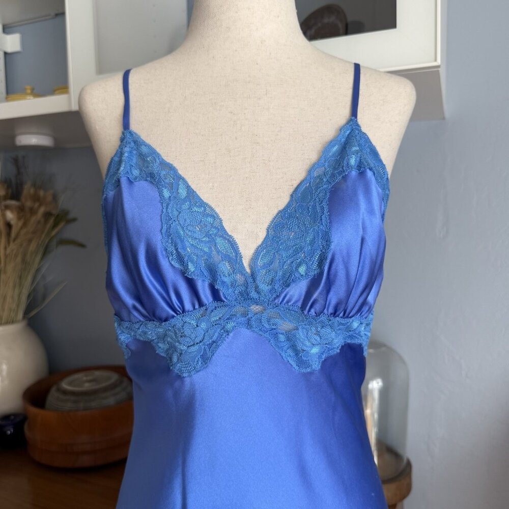 VTG Mary Green Silk Y2K Coquette Fairy Lace Trim Chemise Slip Dress M Blue - Picture 6 of 8